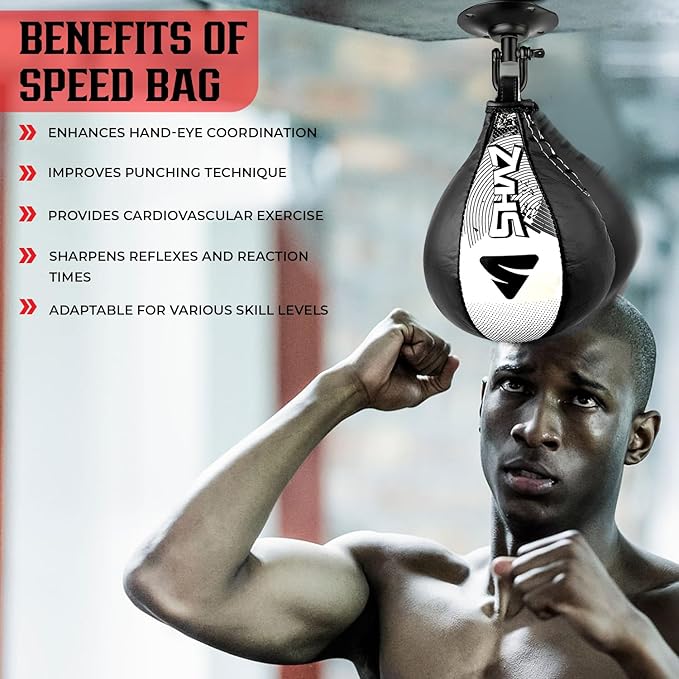 SHAZ Skin-Tec Leather Boxing Speed Bag with Swivel Punching Training Speedbag MMA Muay Thai Punch Speed Ball with Hanging Swivel Mount Dodge Striking Speedball