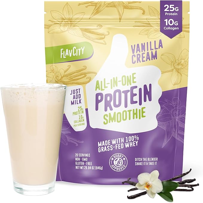 FlavCity Grass Fed Whey Protein Powder - Vanilla Smoothie - 25g Protein & 10g Collagen - Made with Real Vanilla Bean & Organic Coconut Milk - Gluten Free & No Added Sugars (20 Servings)