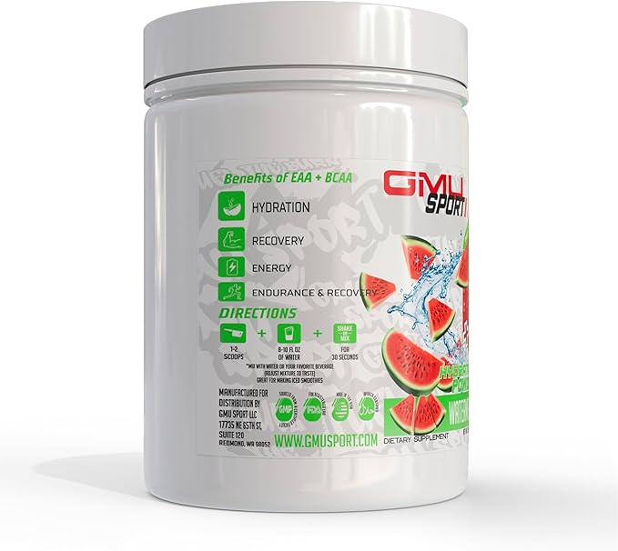 GMU SPORT - BCAA & EAA Hydration & Recovery Powder -Full Essential Amino Acids Profile Hydration Powder for Energy, Fast Recovery & Endurance - 40 Servings, Electrolyte Drink for Athletes (Watermelon)