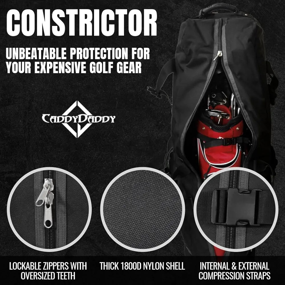 CaddyDaddy Constrictor Soft-Sided Golf Travel Bag Cover with Thick Dense Foam Padded Top 1 Year Full Travel Bag Replacement Coverage | Wheels & Lockable Zippers Case for Transporting Clubs on Airlines