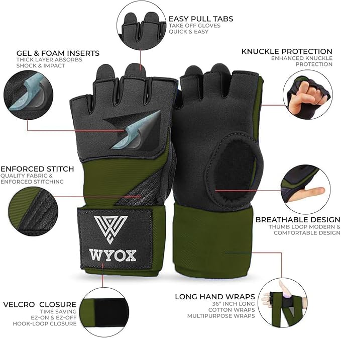 WYOX Gel Boxing Hand Wraps Inner Gloves for Men & Women, 80cm Quick Wrist Straps, Padded Knuckle Protection for Muay Thai Kickboxing, Hand Wraps for Boxing & Martial Arts
