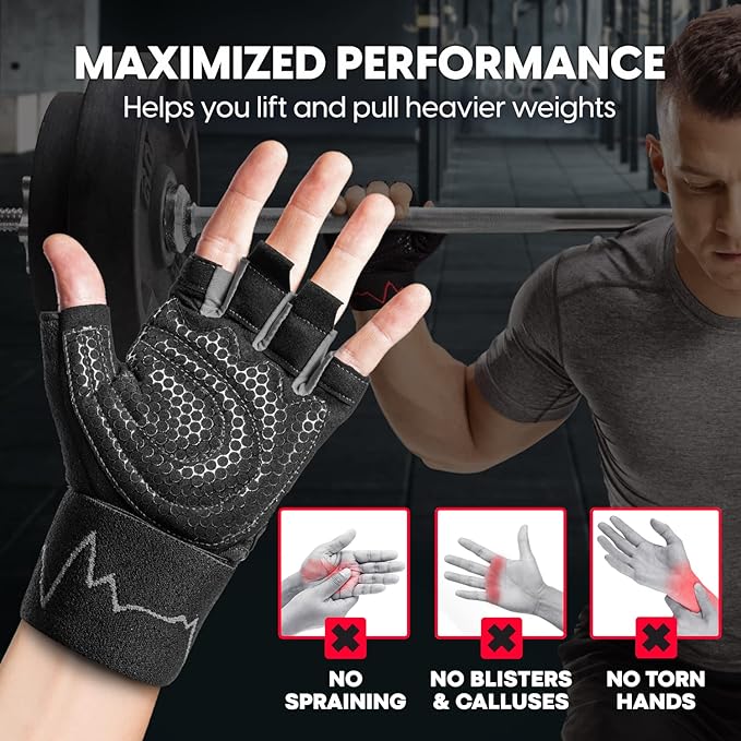 MhIL Workout Gloves for Men โ Comfortable Gym Gloves for Men with Enhanced Grip for Safety and Hand Protection โ Weight Lifting Protection with Wrist Wraps Support for Performance Boost and Style