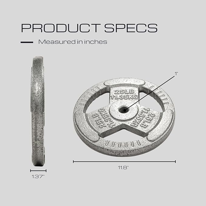 HulkFit 1 inch or 2 inch Cast Iron Weight Plate Set with Multi-Grip Handles and Enamel Coated for Barbells & Strength Training - Grey