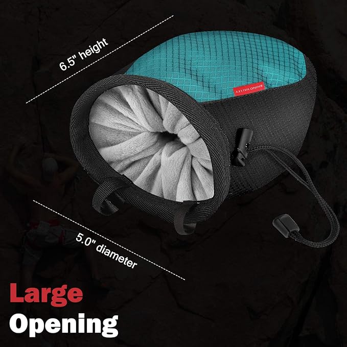 Rhino Valley Climbing Chalk Bag, No Leak Drawstring Chalk Bag with Adjustable Belt, Carabiner Clip and Zippered Pockets Chalk Bag for Climbing, Cross Fit, Weight Lifting & More - Black & Light Blue