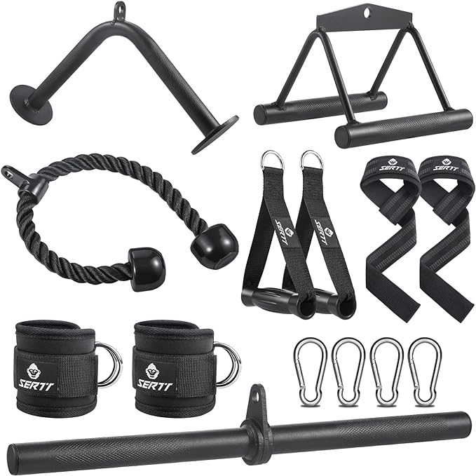 SERTT Workout Cable Machine Attachment for Home Gym, LAT Pulldown Attachments, Cable Accessories for Weight Training, Straight Pull Down Bar, Tricep Rope, Double D Row Handle, V-Shaped Bar
