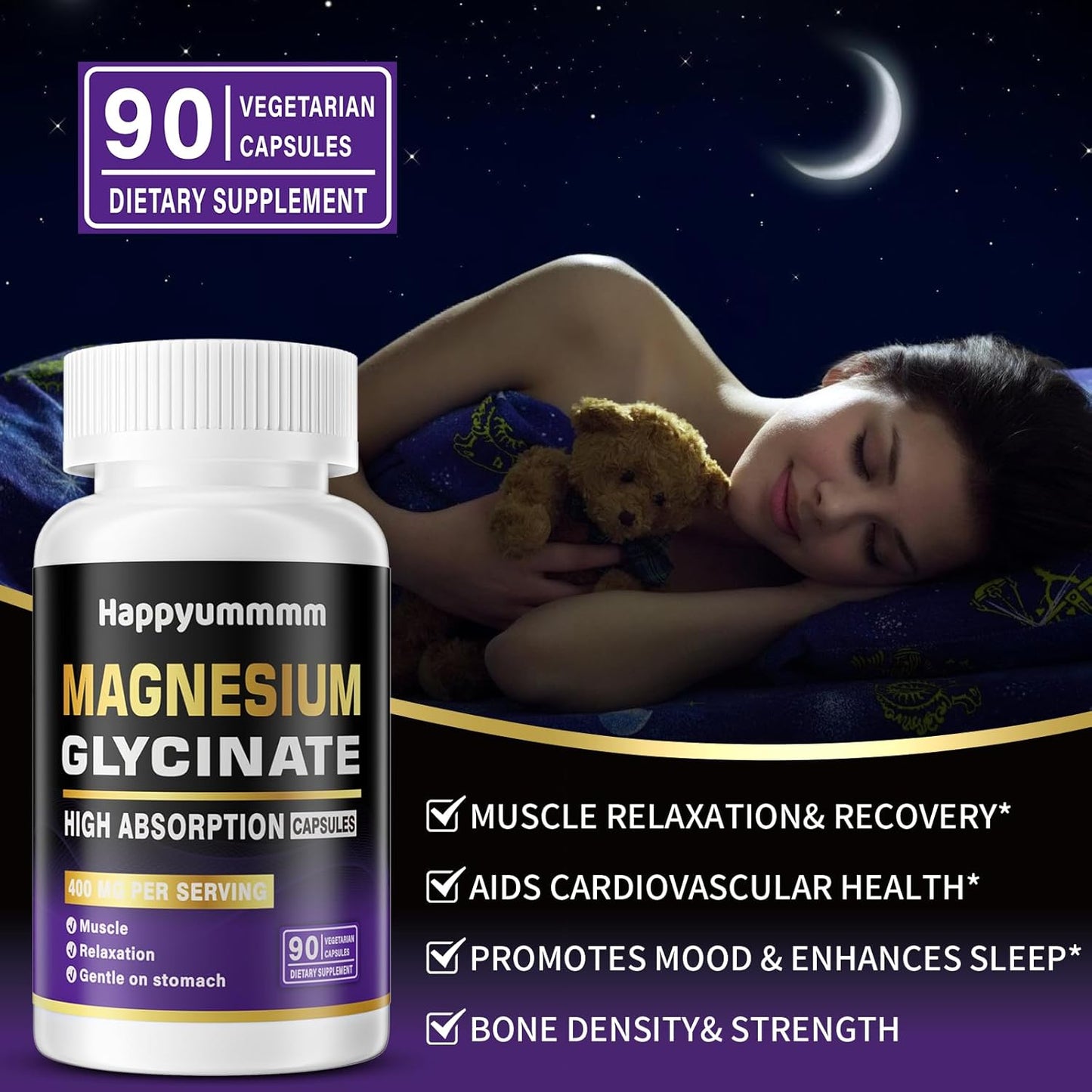 Magnesium Glycinate 400 MG per Serving 100% Chelated for High Absorption, Gentle On Stomach, Non-GMO, 90 Vegetarian Capsules.