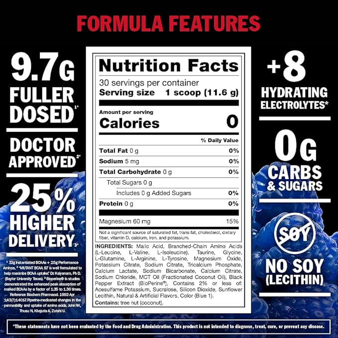 Mutant BCAA 9.7 Supplement BCAA Powder with Micronized Amino Energy Support Stack, 348g - Blue Raspberry