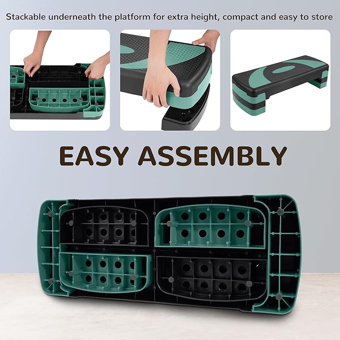 Step Aerobic Platform, Exercise Step with 5 levels Adjustable Height, 4 Stackable Risers, Fitness Training Workout Stepper for Home Gym, Cardio Strength, Multiple Options