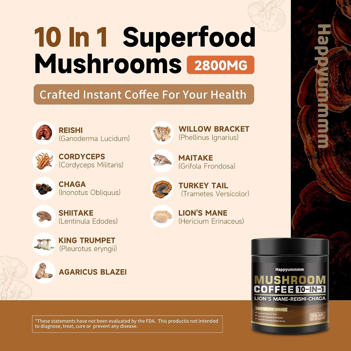 Mushroom Coffee - Lions Mane Mushroom Powder Instant Coffee with Lion's Mane, Reishi, Chaga, Cordyceps, and Turkey Tail - Alternative for Energy, Mental Clarity & Focus, Brain Booster 6.35oz(180g)