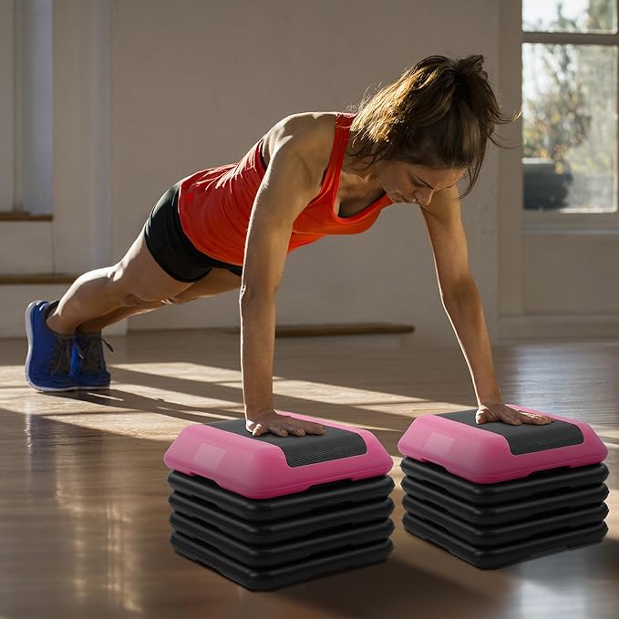 Step Aerobic Platform, Exercise Step with 5 levels Adjustable Height, 4 Stackable Risers, Fitness Training Workout Stepper for Home Gym, Cardio Strength, Multiple Options