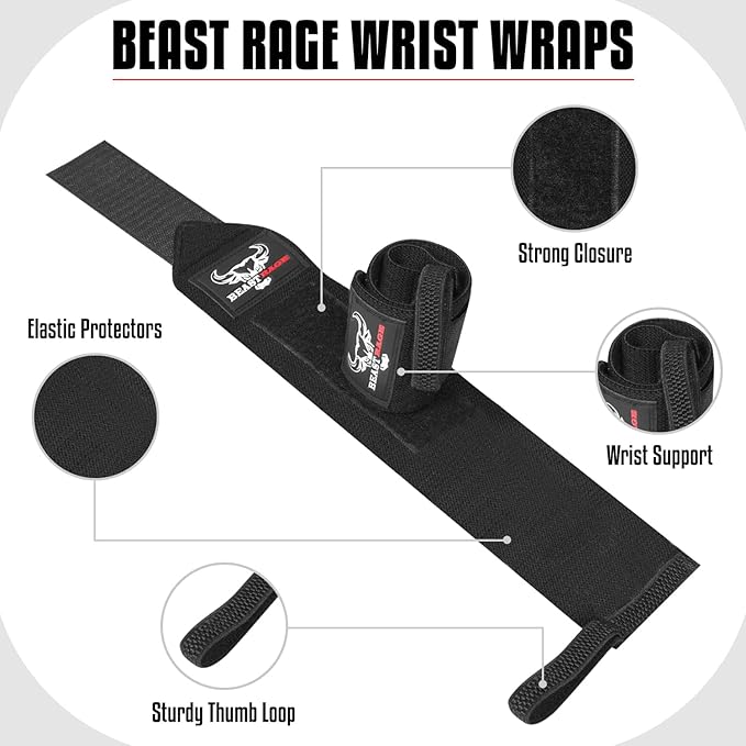 BEAST RAGE Wrist Wraps for Weightlifting - Adjustable Lifting Straps With Thumb Loop for Enhanced Gym Support, Powerlifting, Bodybuilding and Workout