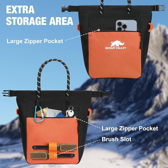 Rhino Valley Chalk Bag for Rock Climbing, No Leak Magnetic Climbing Chalk Bag with Handle, Climbing Chalk Bucket Gear with Adjustable Belt Zipper Pockets for Cross Fit, Weight Lifting