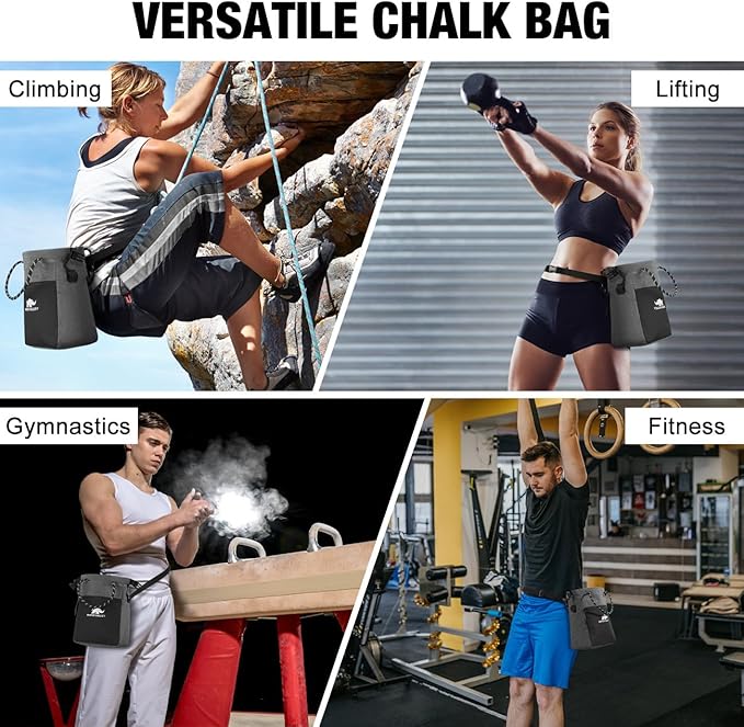 Rhino Valley Chalk Bag for Rock Climbing, No Leak Magnetic Climbing Chalk Bag with Handle, Climbing Chalk Bucket Gear with Adjustable Belt Zipper Pockets for Cross Fit, Weight Lifting