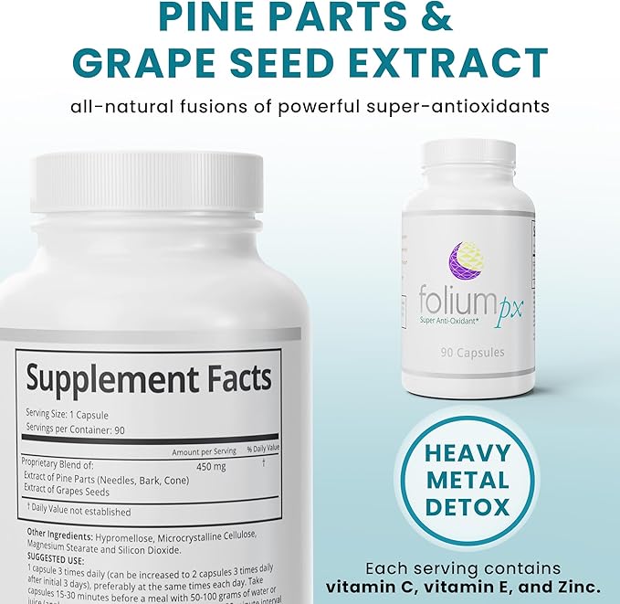 Folium pX Pure Pine Tree Parts/Grape Seed Extract: Nature's Powerhouse Support for Full Body Cleanse and Metal Detox