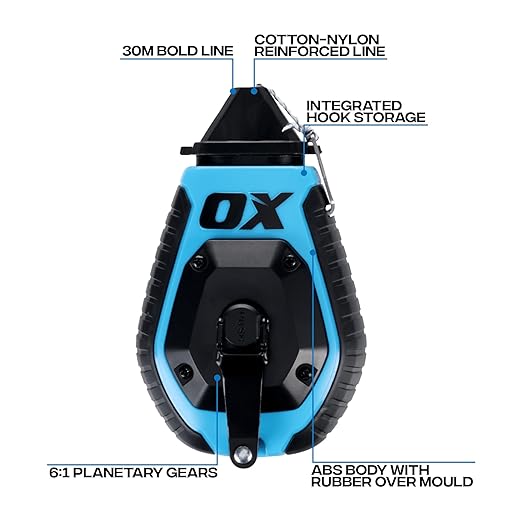 OX Pro 100ft Chalk Line ABS Plastic with Rubber Grip with Chalk Powder 4oz - 6:1 Gear Ratio with Cotton Nylon Standard Bold Line Pointed Tip Chalk Line Tool OX-T630602