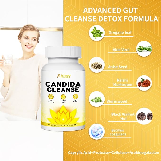 Airboy Candida Cleanse,Gut Colon Cleanse Detox for Women & Men,Candida Support with Oregano Leaf, Caprylic Acid,Wormwood, Black Walnut-60 Counts