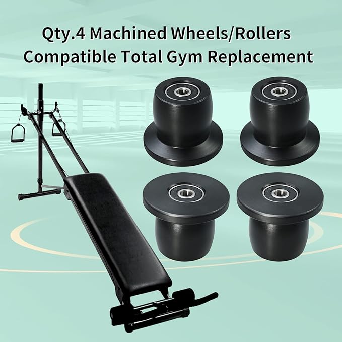 Qty.4 Machined Wheels/Rollers Compatible with Total Gym Replacement, Fits Models XL, XLS, & Fit with Bearings Thru Hole of 1/4'' in Diameter, Black