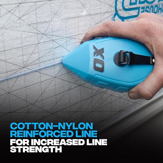 OX Pro Contractor Chalk Line 100ft Cotton Nylon Bold Line with Pointed Tip and ABS Plastic Body - 1:1 Gear Ratio Chalk Box Professional Grade Chalk Reel Tool OX-T630502