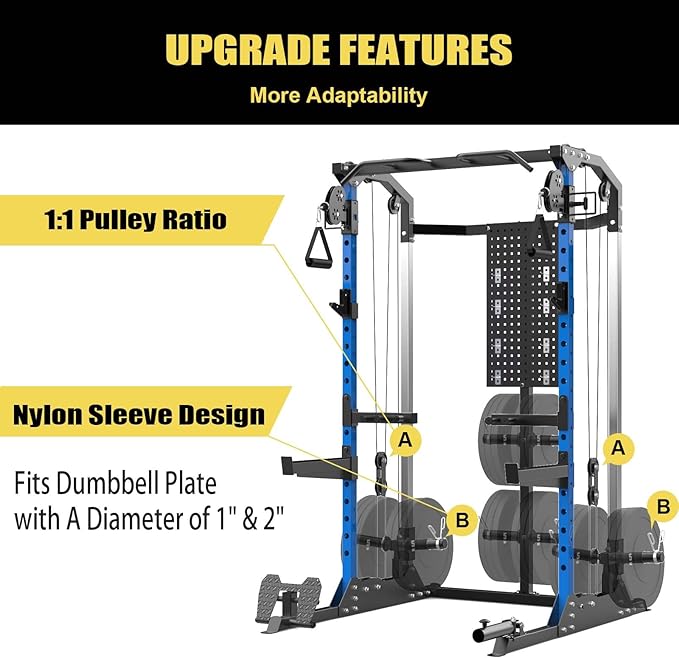 Multi-Function Power Cage, Power Rack with Dual Independent Pulley System, 2000LB Capacity Workout Cage with Adjustable Cable Crossover System and Training Attachment, Squat Rack for Home Gym