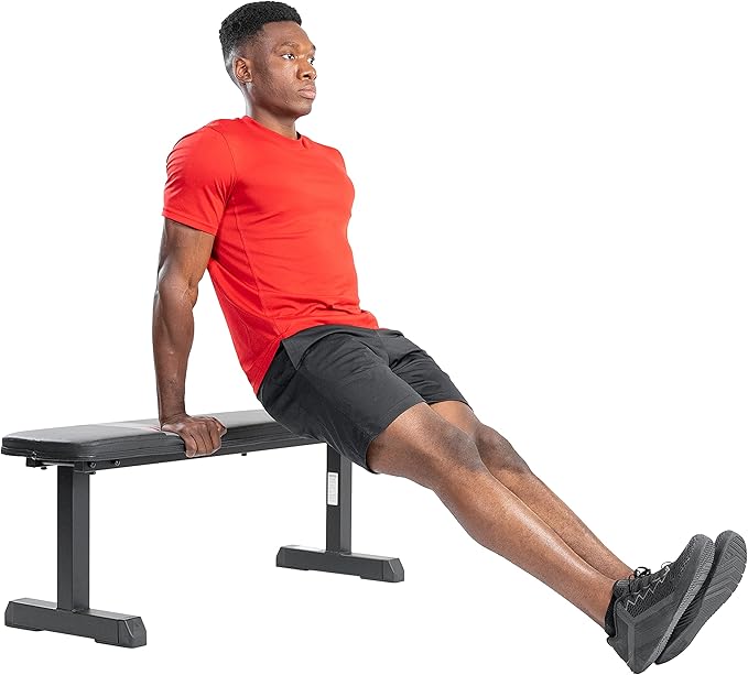Sunny Health & Fitness Flat Weight Bench Optional Dumbbell Rack for Strength Training, Full Body Workout, Exercise, Home Gym