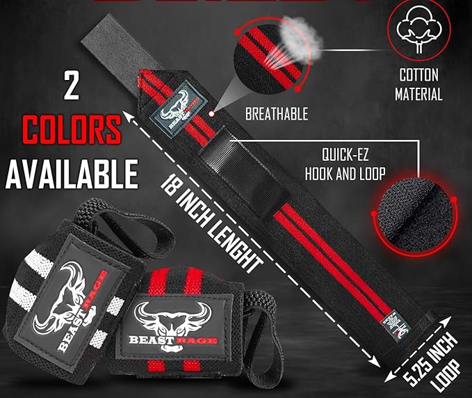 BEAST RAGE Wrist Wraps for Weightlifting - Adjustable Lifting Straps With Thumb Loop for Enhanced Gym Support, Powerlifting, Bodybuilding and Workout