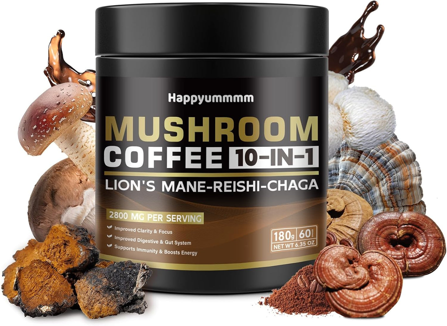 Mushroom Coffee - Lions Mane Mushroom Powder Instant Coffee with Lion's Mane, Reishi, Chaga, Cordyceps, and Turkey Tail - Alternative for Energy, Mental Clarity & Focus, Brain Booster 6.35oz(180g)