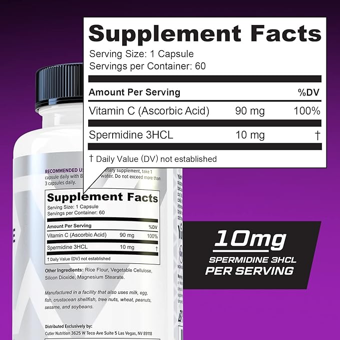 Cutler Nutrition Advanced High Absorption Spermidine Supplement 99% Standardized Spermidine Supplement for Men & Women for Enhanced Longevity Heart Health Telomere and Brain Support (60 Servings)