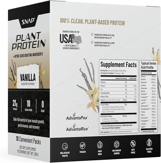 Snap Supplements 100% Plant Based Protein Powder Stick Packs with Nitric Oxide Booster (10 Pack, Vanilla)