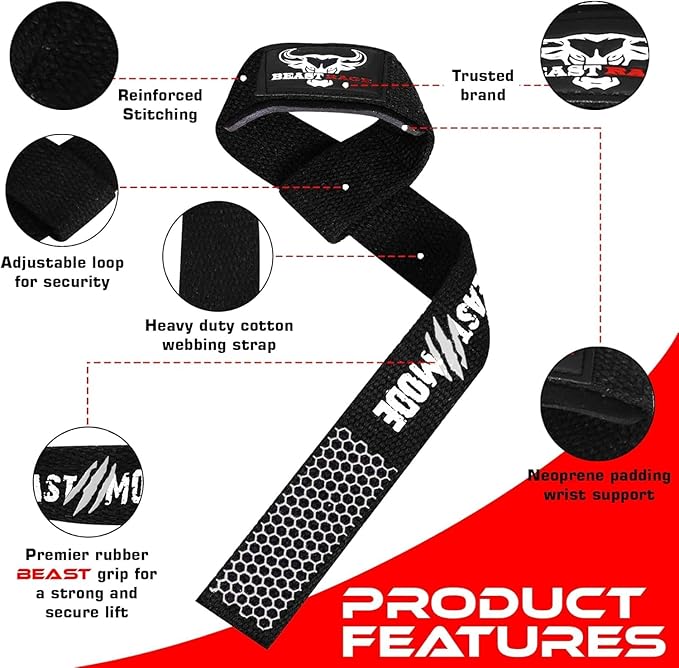 BEAST RAGE Lifting Straps for Weightlifting, Weight Lifting Straps Gym Power Workouts Lifting Wrist Straps Padded Cotton Men Women Support Lifters Deadlift Straps Hard Pull Exercise Straps