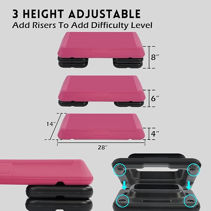 Step Aerobic Platform, Exercise Step with 5 levels Adjustable Height, 4 Stackable Risers, Fitness Training Workout Stepper for Home Gym, Cardio Strength, Multiple Options