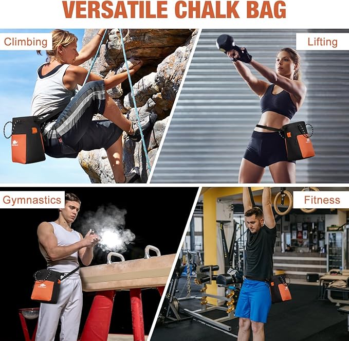 Rhino Valley Chalk Bag for Rock Climbing, No Leak Magnetic Climbing Chalk Bag with Handle, Climbing Chalk Bucket Gear with Adjustable Belt Zipper Pockets for Cross Fit, Weight Lifting