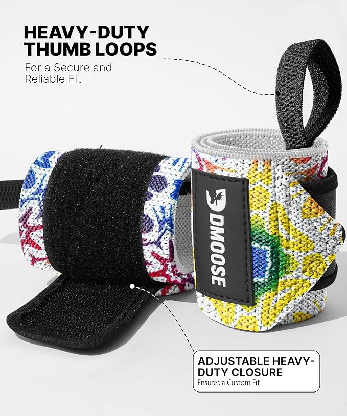 DMoose Fitness Wrist Wraps for Weightlifting - IPL Approved Premium Lifting Straps with Thumb Loops for Powerlifting, Bodybuilding & Weight Lifting, Compression Gym Wrist Support for Working Out