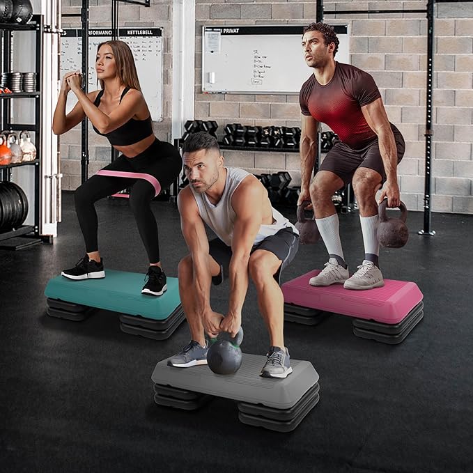 Step Aerobic Platform, Exercise Step with 5 levels Adjustable Height, 4 Stackable Risers, Fitness Training Workout Stepper for Home Gym, Cardio Strength, Multiple Options