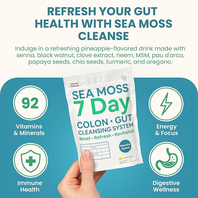 Atlantic Naturals - Sea Moss 7-Day Cleanse Colon & Gut Detox - Juice Cleanse Support with Psyllium Husk Senna Powder - Body Cleanse and Detox for Women & Men - Pineapple Flavor Mix Detox Drink (14 oz)