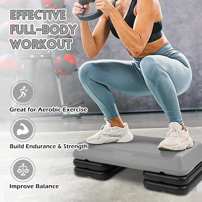 Step Aerobic Platform, Exercise Step with 5 levels Adjustable Height, 4 Stackable Risers, Fitness Training Workout Stepper for Home Gym, Cardio Strength, Multiple Options