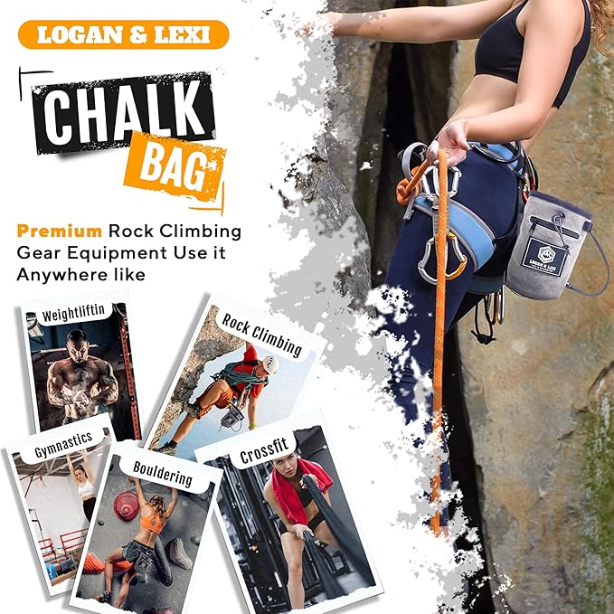 Chalk Bag for Rock Climbing| Waxed Canvas Climbing Chalk Bag w/Drawstring, Adjustable Belt, 2 Large Zippered Pockets|Water Resistant Rock Climbing Chalk Bag| Climbing Chalk Bags |Chalk Bag Bouldering