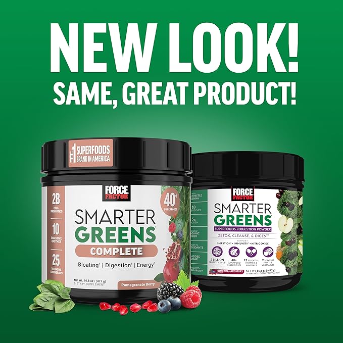 FORCE FACTOR Smarter Greens Superfoods Powder to Support Digestion, Gut Health, Bloating, Greens Powder with Probiotics, Prebiotics, Digestive Enzymes, & Adaptogens, Pomegranate Berry, 30 Servings
