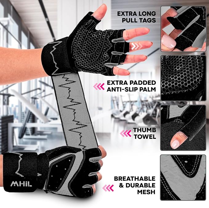 MhIL Workout Gloves for Women โ Comfortable Gym Gloves for Women with Hand Protection and Enhanced Grip โ Weight Lifting Glove for Womens with Wrist Wraps Support for Safety, Hygiene and Style