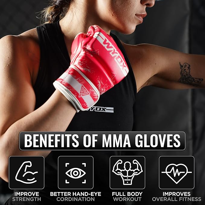 WYOX MMA Gloves for Men & Women β Grappling & Sparring Boxing Gloves with Open Palm Design, Padded Fingerless Training Gloves for Kickboxing, Muay Thai, Youth & Heavy Bag Workouts