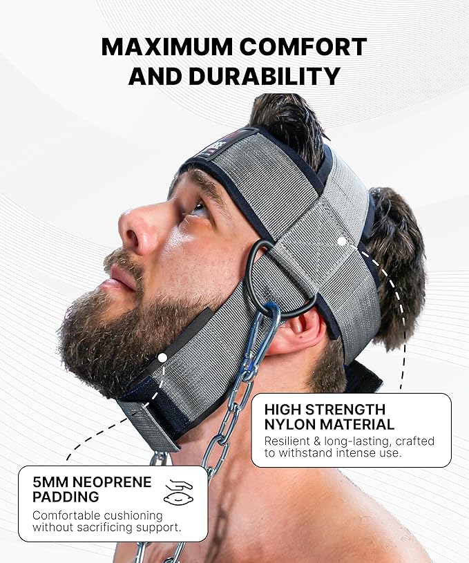 DMoose Neck Harness for Weight Lifting - 30" Heavy Duty Steel Chain - Neck Exerciser, Trainer & Strengthener for Injury Recovery Support & Workout- Adjustable Head & Chin Strap