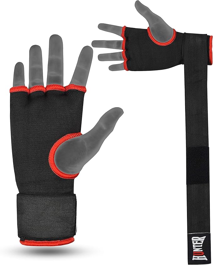 HUNTER Gel Padded Inner Gloves with Hand Wraps for Boxing, Quick Elastic Training Wraps for Men & Women, Muay Thai MMA Kickboxing Martial Arts Knuckle Wrist Protector (Pair)