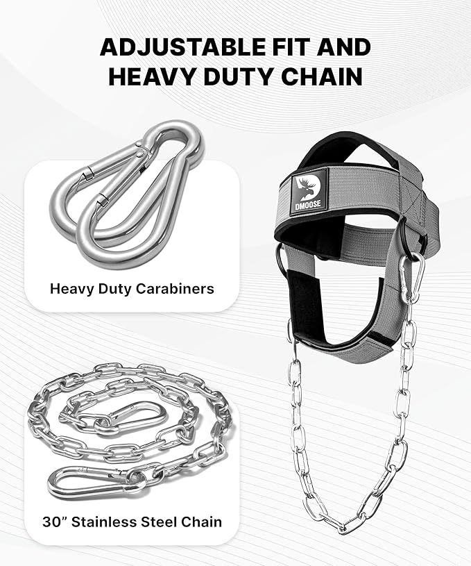 DMoose Neck Harness for Weight Lifting - 30" Heavy Duty Steel Chain - Neck Exerciser, Trainer & Strengthener for Injury Recovery Support & Workout- Adjustable Head & Chin Strap