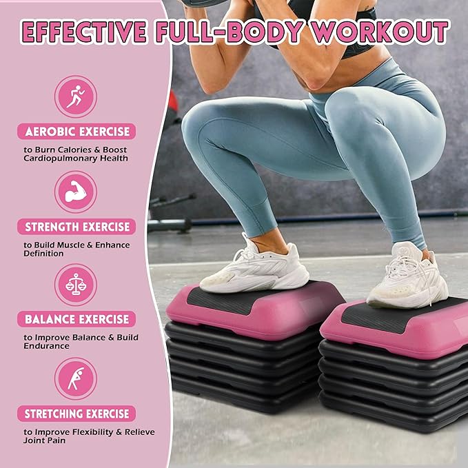 Step Aerobic Platform, Exercise Step with 5 levels Adjustable Height, 4 Stackable Risers, Fitness Training Workout Stepper for Home Gym, Cardio Strength, Multiple Options