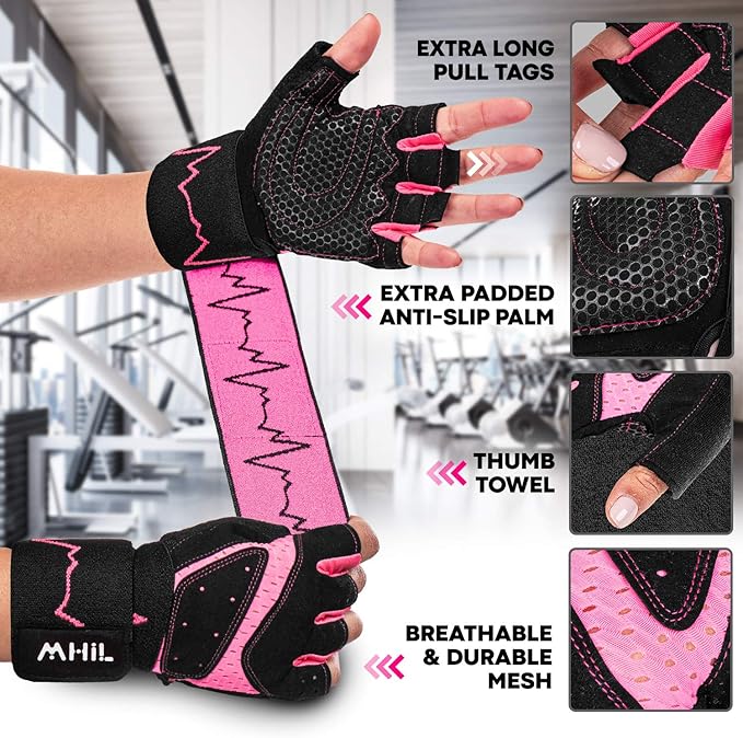 MhIL Workout Gloves for Women โ Comfortable Gym Gloves for Women with Hand Protection and Enhanced Grip โ Weight Lifting Glove for Womens with Wrist Wraps Support for Safety, Hygiene and Style