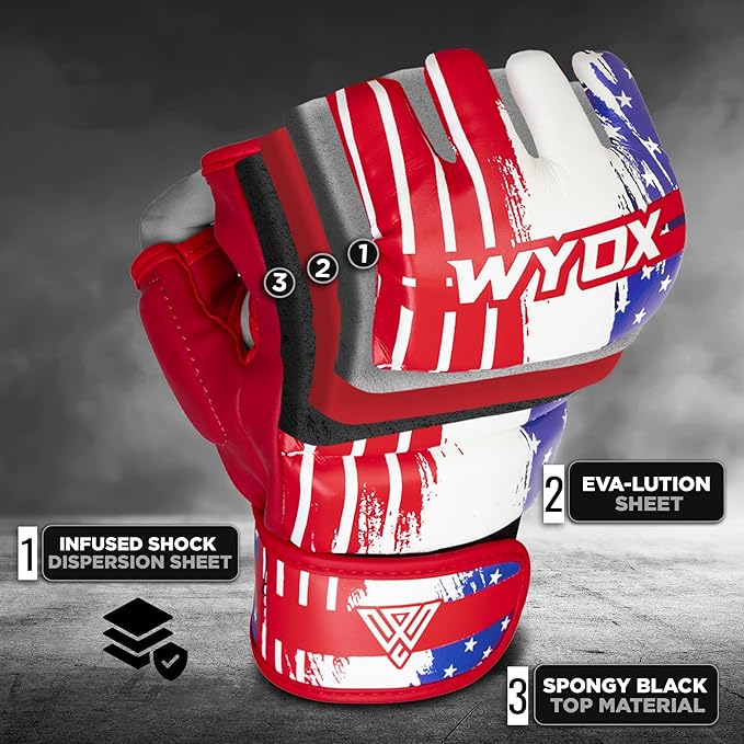 WYOX MMA Gloves for Men & Women β Grappling & Sparring Boxing Gloves with Open Palm Design, Padded Fingerless Training Gloves for Kickboxing, Muay Thai, Youth & Heavy Bag Workouts