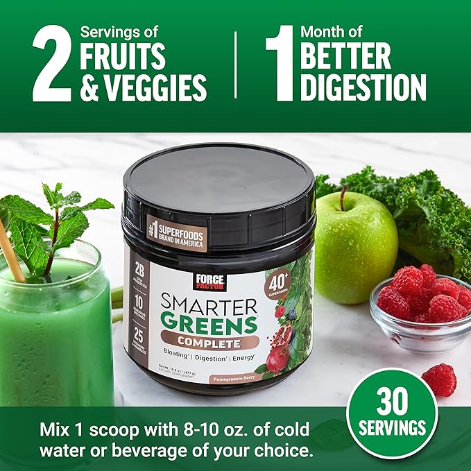 FORCE FACTOR Smarter Greens Superfoods + Digestion Powder, 3-Pack, Greens Powder with 2 Billion Probiotics, Digestive Enzymes, and Antioxidants to Detox, Cleanse, and Support Immunity, 90 Servings