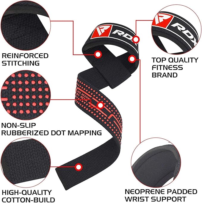 RDX Weight Lifting Straps Deadlifting Powerlifting, 5MM Neoprene Wrist Support, Anti Slip 60CM Hand Bar Grip, Heavy Duty Bodybuilding Weightlifting Workout, Soft Cotton, Strength Training Gym Fitness