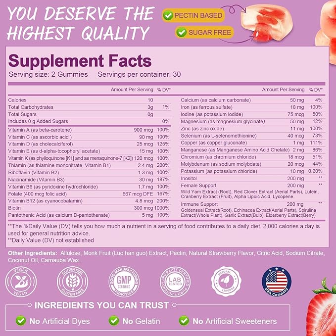 Sugar Free Multivitamin Gummies for Women 14+ w/Inositol, Iron, Folate, Biotin, Womens Daily Multivitamin Gummy w/Vitamin A, D, C, B, Support Hair, Skin, Energy, Immune, Strawberry Flavor