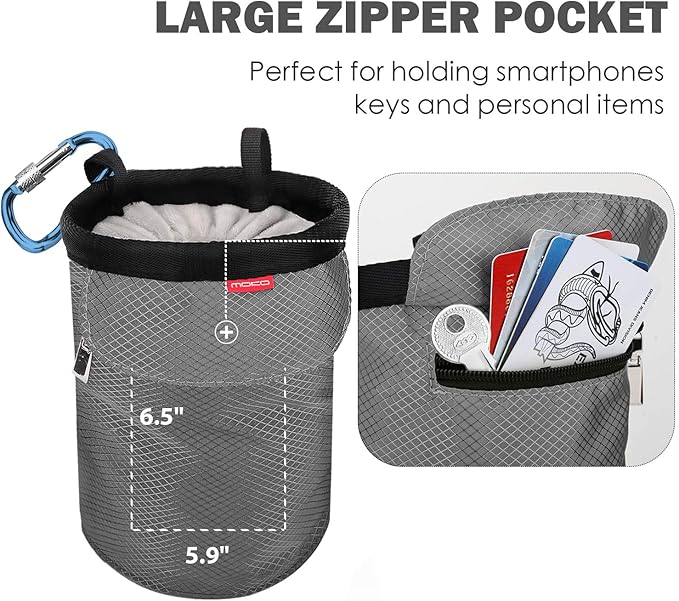MoKo Rock Climbing Chalk Bag, Bouldering Chalk Pot Bucket with Adjustable Belt & Carabiner Drawstring Climbing Gear