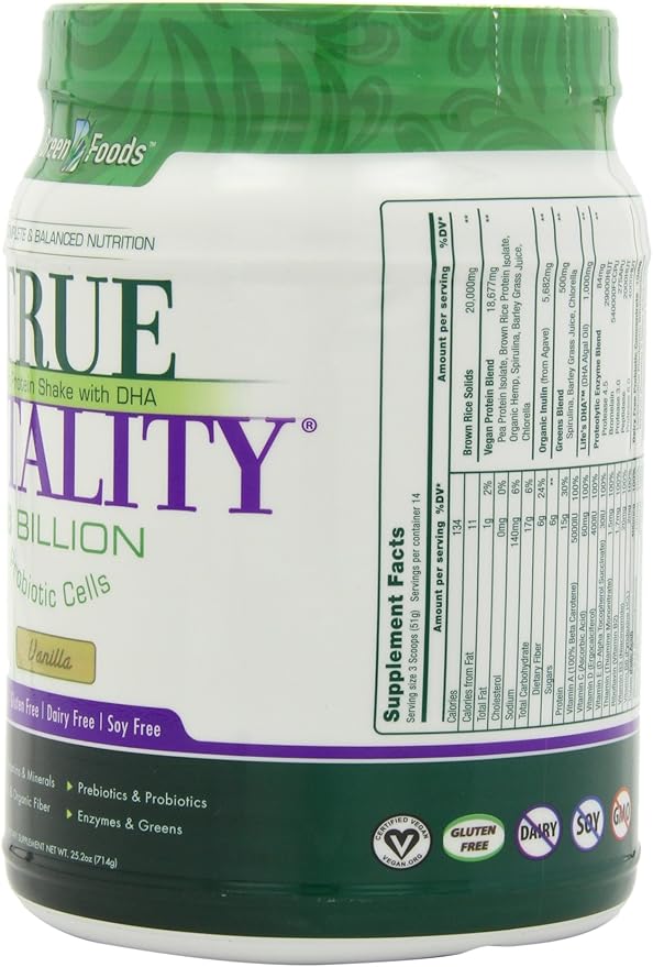 Green Foods True Vitality Plant Protein Shake, Vanilla, 25.2 Ounce (Pack of 2)